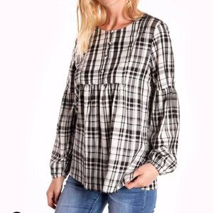 LOFT Baby Doll Plaid Blouse Black & White Checkered Cottagecore Coastal Grandma